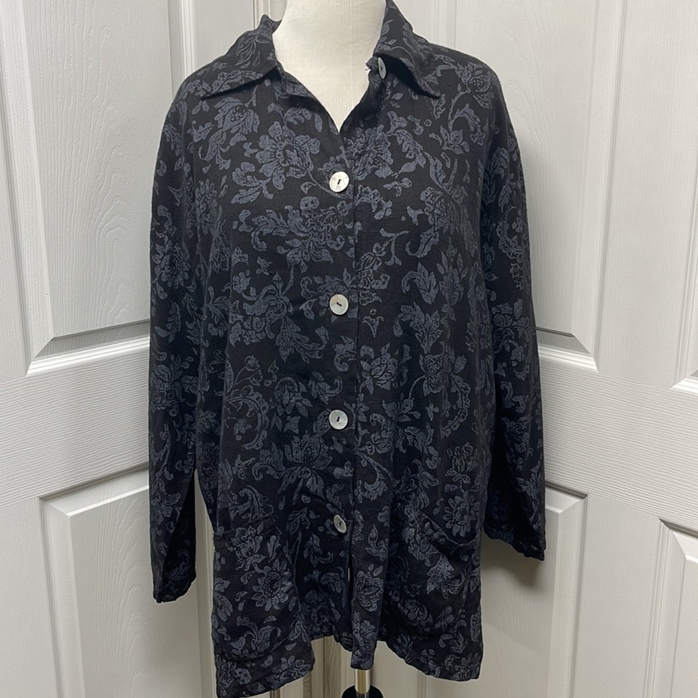 Len Druskin Black Floral Button Down Collared Blazer Jacket